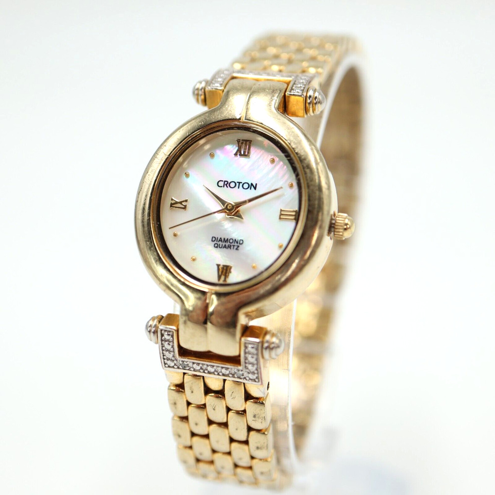 Croton Womens Diamond Watch Gold Tone Mother of Pearl MOP Dial Bracelet Working